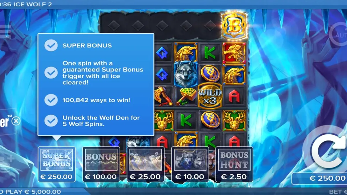Tampilan visual slot Ice Wolf 2 dengan latar belakang padang es dan grid yang membeku.