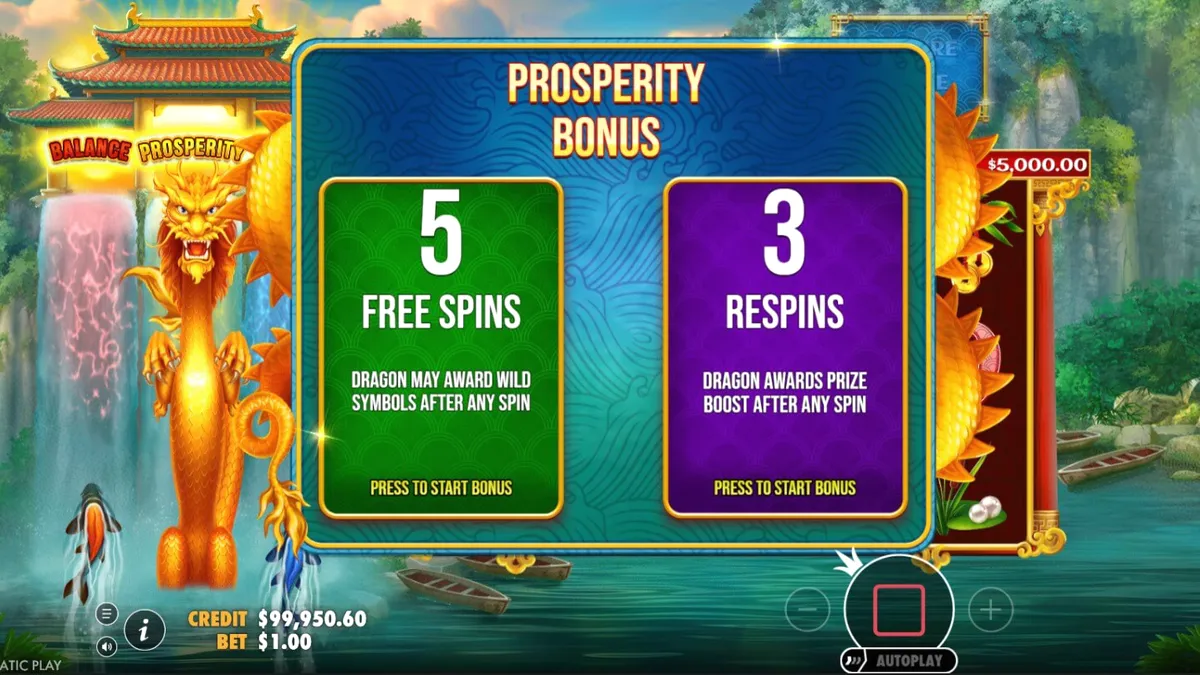 Pemandangan visual slot Dragon’s Gate Bonus Choice dengan naga emas dan air terjun
