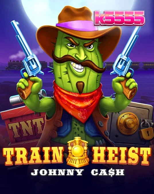 Tampilan visual slot Train Heist Johnny Cash dengan latar belakang padang pasir dan koboi kaktus